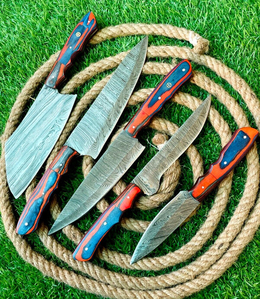 Premium Handmade Damascus Steel 5-Piece Chef Knife Set with Wooden Handles