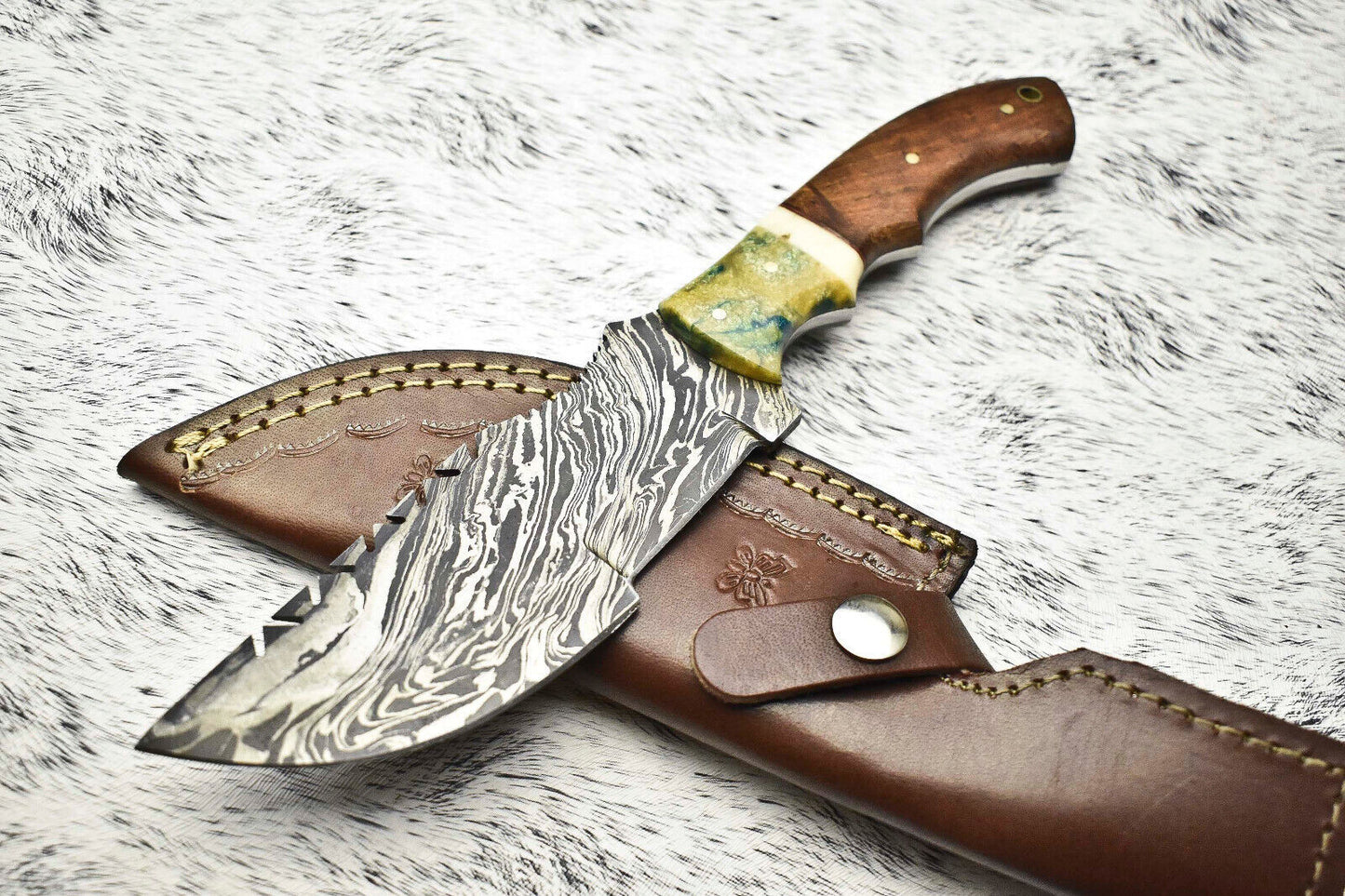 Premium Handmade Damascus Steel Camping Tracker Knife | Full Tang with Leather Sheath