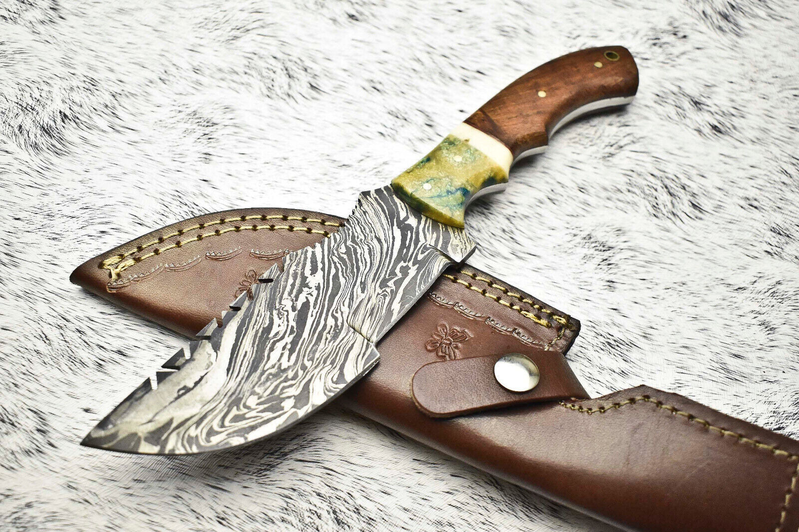 Premium Handmade Damascus Steel Camping Tracker Knife | Full Tang with Leather Sheath