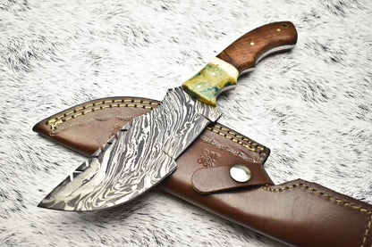 Premium Handmade Damascus Steel Camping Tracker Knife | Full Tang with Leather Sheath