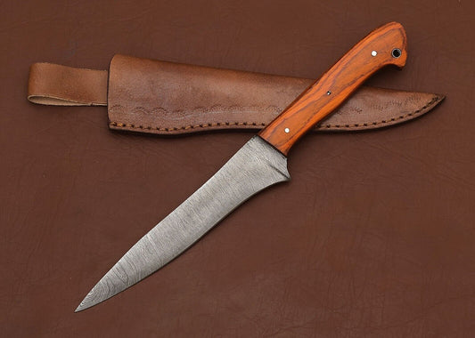 Premium Handmade Damascus Steel Chef Fillet Knife | 8" Blade with Pakka Wood Handle & Leather Sheath