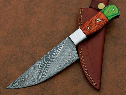 Premium Handmade Damascus Steel Chef Knife – 11.5" BBQ & Butcher Knife with Natural Wood Handle and Leather Sheath