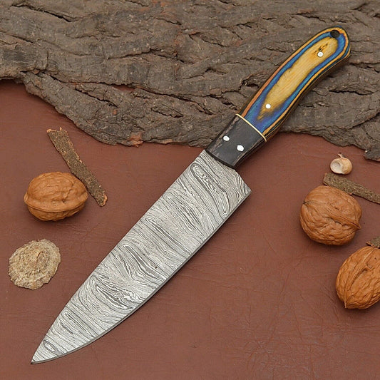 Premium Handmade Damascus Steel Chef Knife – 12" Kitchen Knife with Wood Handle & Leather Sheath