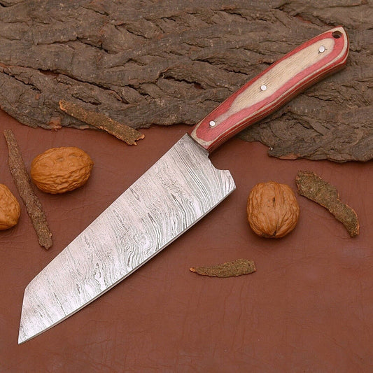 Premium Handmade Damascus Steel Chef Knife | 12" Kitchen Knife with Wooden Handle & Leather Sheath