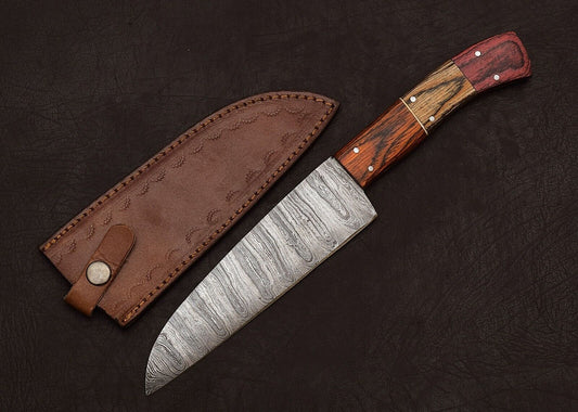 Premium Handmade Damascus Steel Kitchen Chef Fillet Knife with Pakka Wood Handle & Leather Sheath