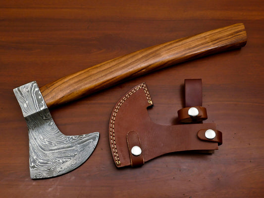 Premium Handmade Damascus Steel Tomahawk Axe with Walnut Wood Handle and Leather Sheath