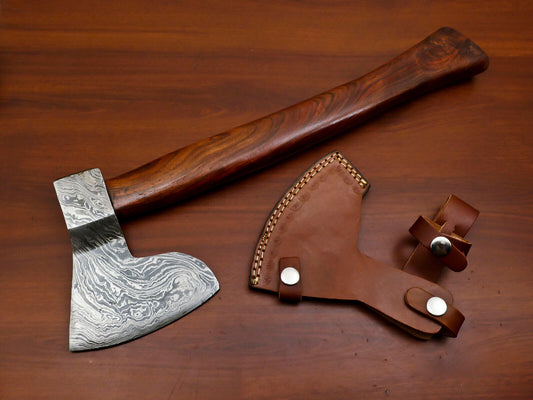 Premium Handmade Damascus Tomahawk Axe with Walnut Handle and Leather Sheath