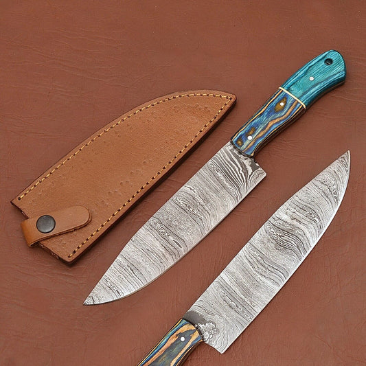 Premium Handmade Raindrop Damascus Steel Chef Fillet Knife with Pakka Wood Handle & Leather Sheath
