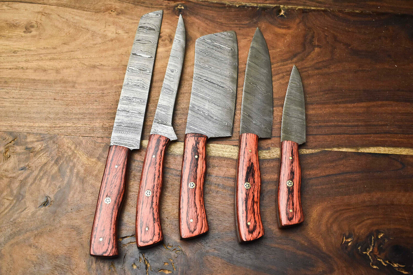 Premium Lot of 5 Handmade Hammered Damascus Steel Chef Knives 
