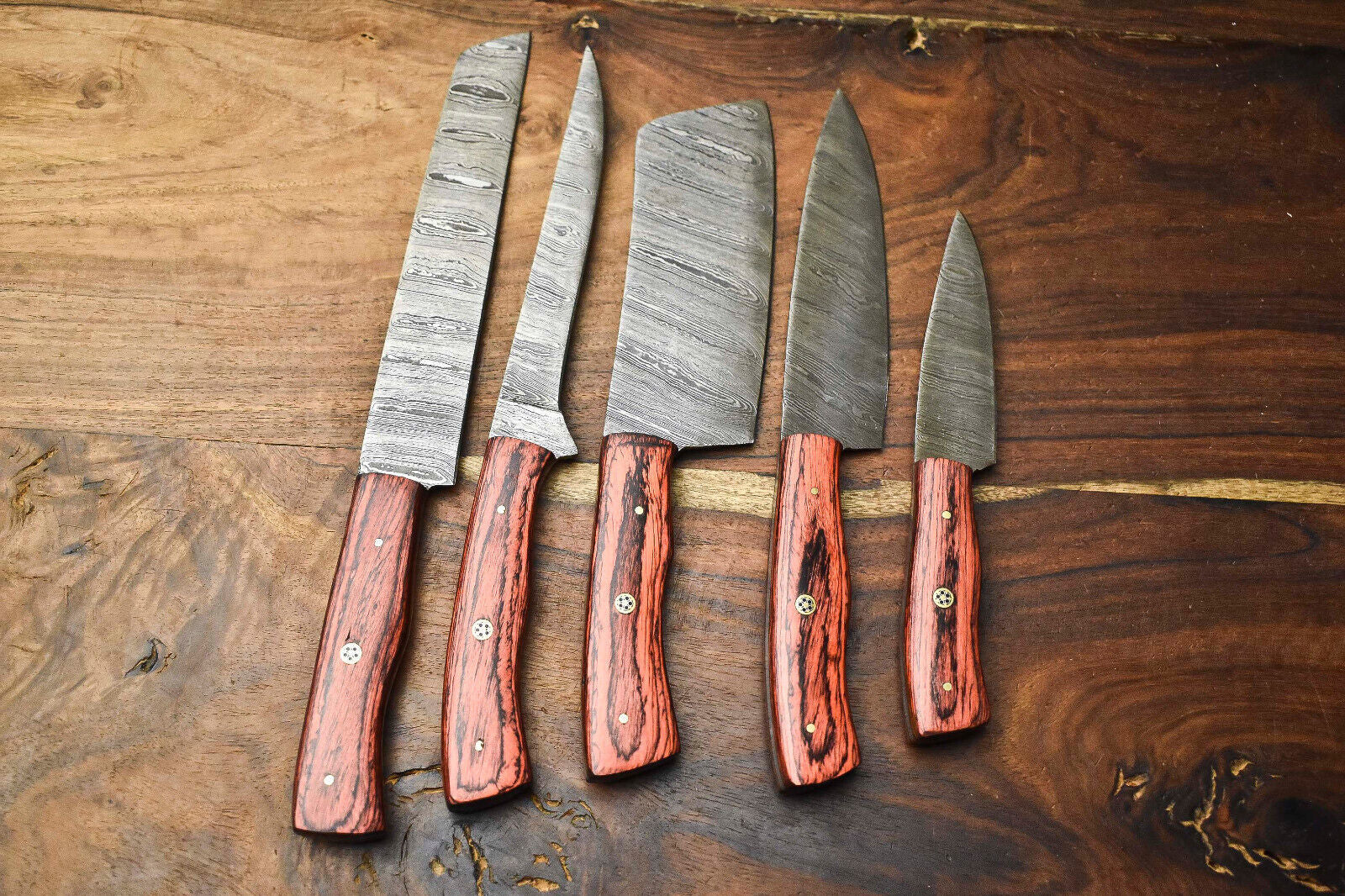 Premium Lot of 5 Handmade Hammered Damascus Steel Chef Knives 