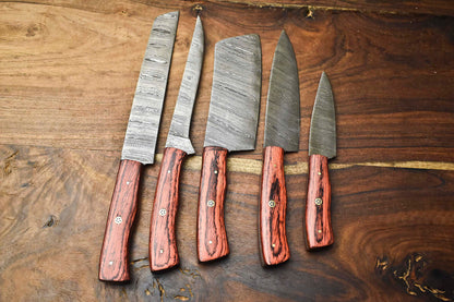 Premium Lot of 5 Handmade Hammered Damascus Steel Chef Knives 