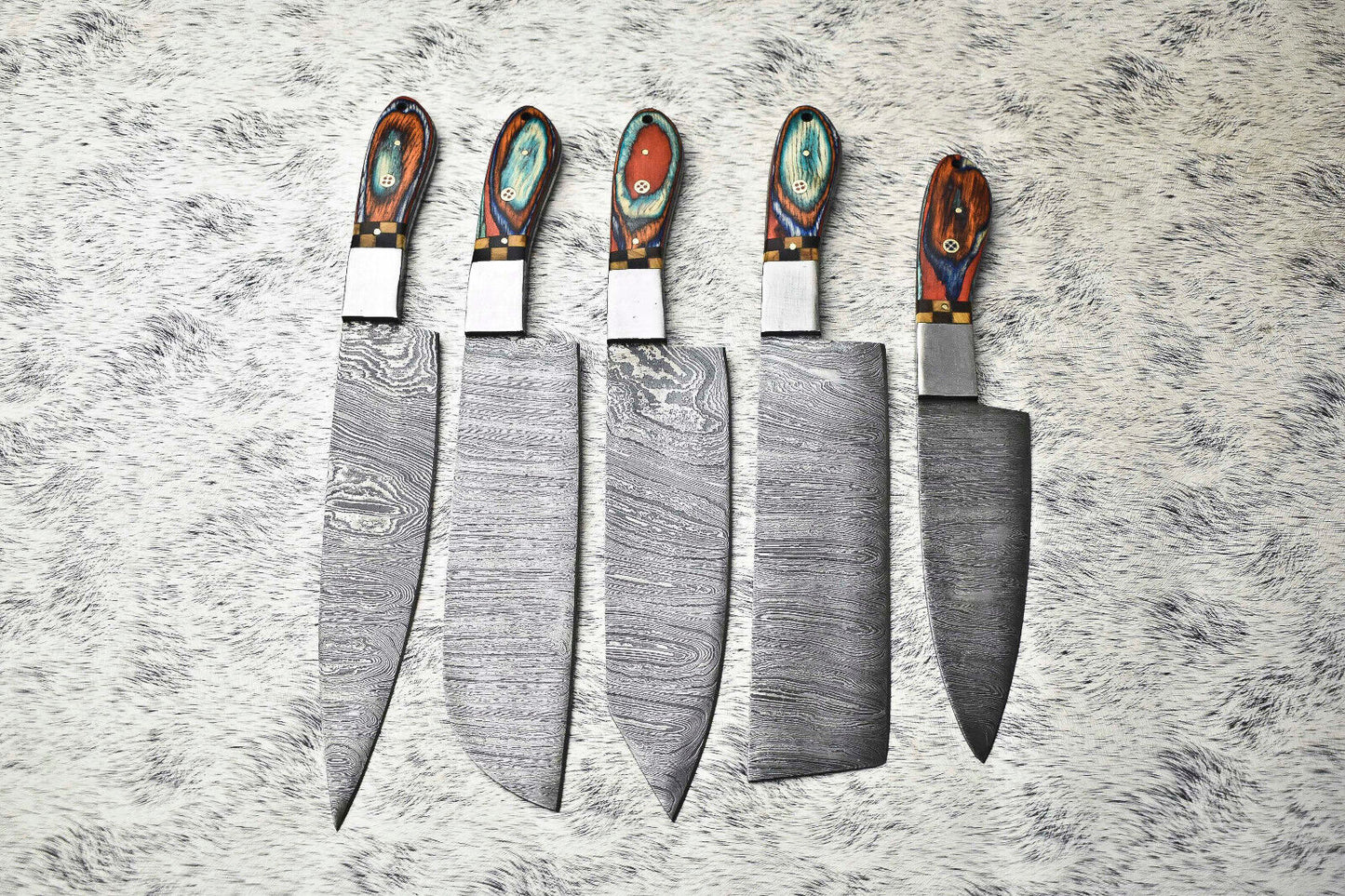Premium Lot of 5 Handmade Hammered Damascus Steel Chef Knives – Artisan Forged Set