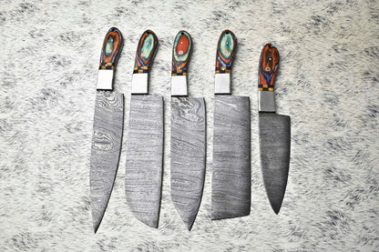 Premium Lot of 5 Handmade Hammered Damascus Steel Chef Knives – Artisan Forged Set