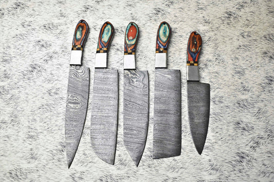 Premium Lot of 5 Handmade Hammered Damascus Steel Chef Knives – Artisan Forged Set