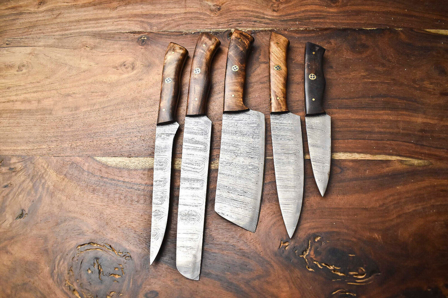 Premium Lot of 5 Handmade Hammered Damascus Steel Chef Knives – Full Tang, 10–13"