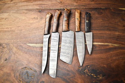 Premium Lot of 5 Handmade Hammered Damascus Steel Chef Knives – Full Tang, 10–13"