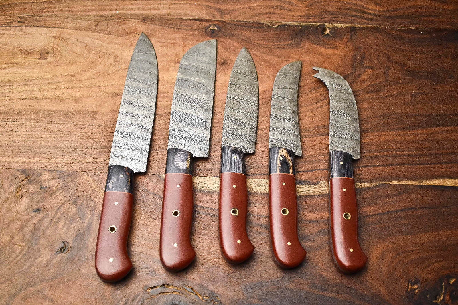 Premium Lot of 5 Handmade Hammered Damascus Steel Chef Knives Set