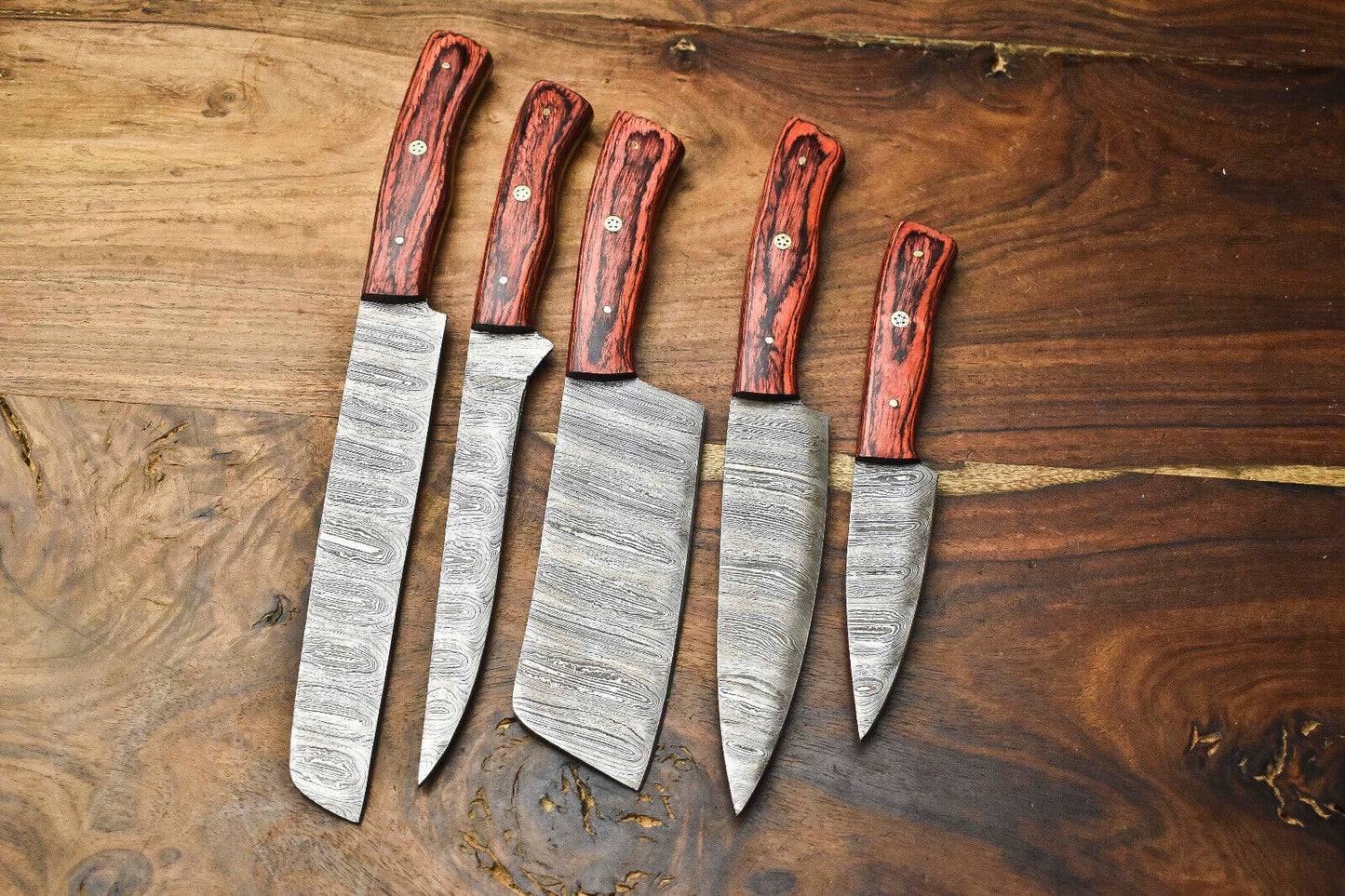 Premium Lot of 5 Handmade Hammered Damascus Steel Chef Knives – Sharp & Durable