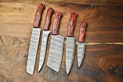 Premium Lot of 5 Handmade Hammered Damascus Steel Chef Knives – Sharp & Durable