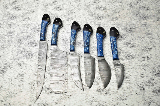 Premium Lot of 6 Handmade Damascus Steel Chef Knives – Full Tang, Artisan Forged Blade Set