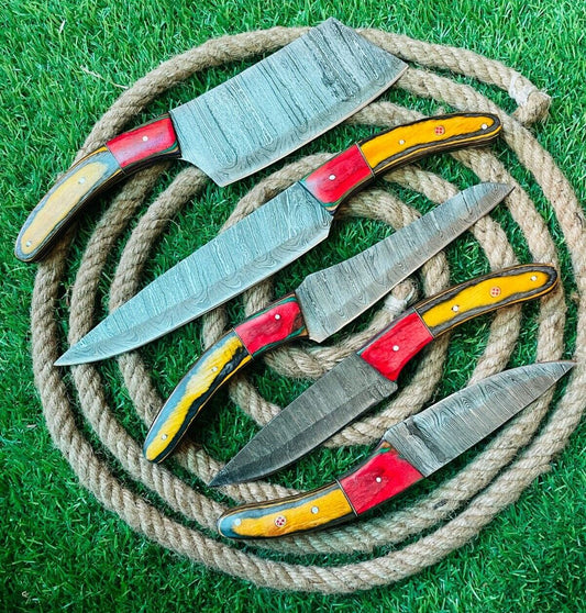 Professional 5-Piece Damascus Steel Kitchen Knife Set | Custom Handmade Chef Cutlery