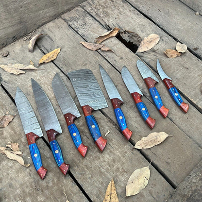 Professional 8-Piece Damascus Steel Kitchen Knife Set with Leather Carry Bag
