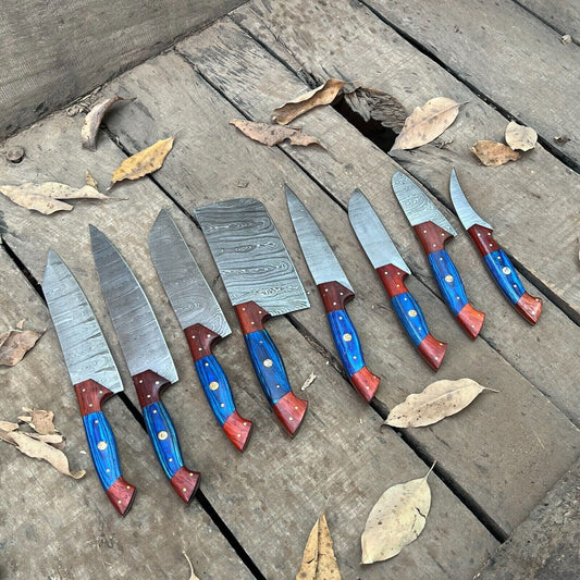 Professional 8-Piece Damascus Steel Kitchen Knife Set with Leather Carry Bag