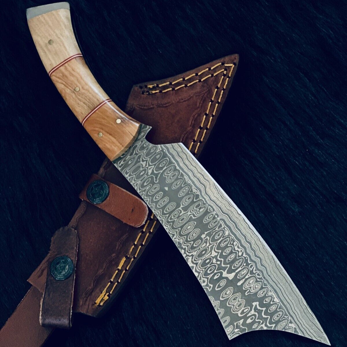 11" Rain Drop Damascus Bowie Knife – Camel Bone & Wood Handle