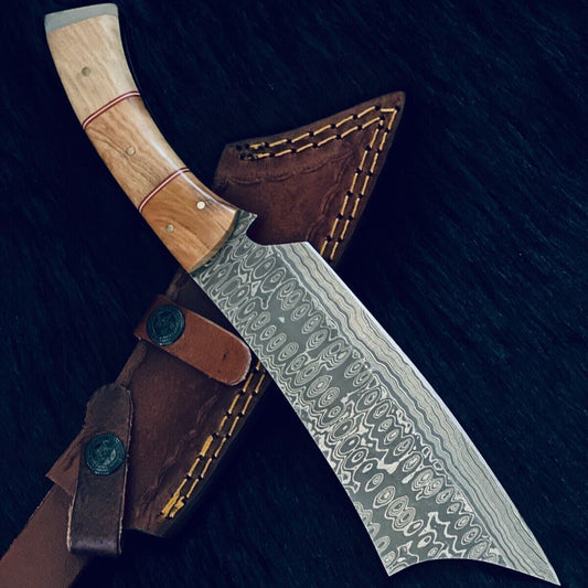 11" Rain Drop Damascus Bowie Knife – Camel Bone & Wood Handle