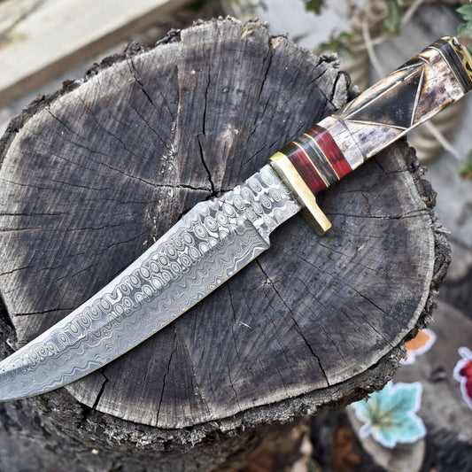Rain Drop Damascus Bowie Knife with Bone Handle and Brass Guard Outdoor Use