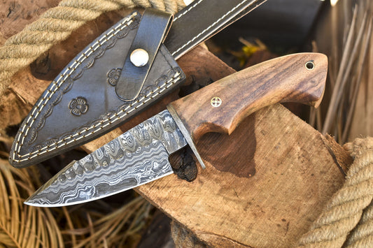 Rain Drop Damascus Hunting Skinner Knife with Walnut Wood Handle and Damascus Guard – Tactical Outdoor Blade