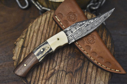 Rain Drop Damascus Skinner Knife Hardwood Handle Custom Hunting Blade