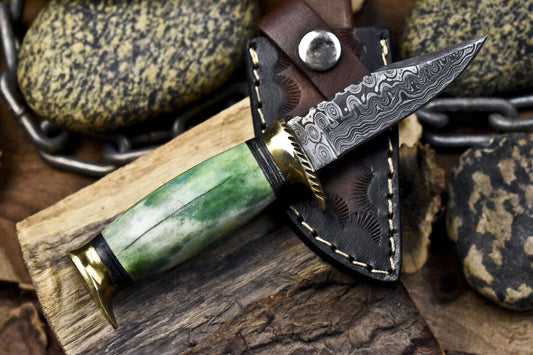 Rain Drop Damascus Skinner Knife with Bone Handle – Custom Hand Forged Hunting Knife with Leather Sheath