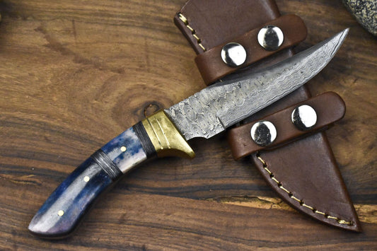 Rain Drop Damascus Skinner Knife with Bone Handle – Handmade 8.5" Hunting Knife with Leather Sheath