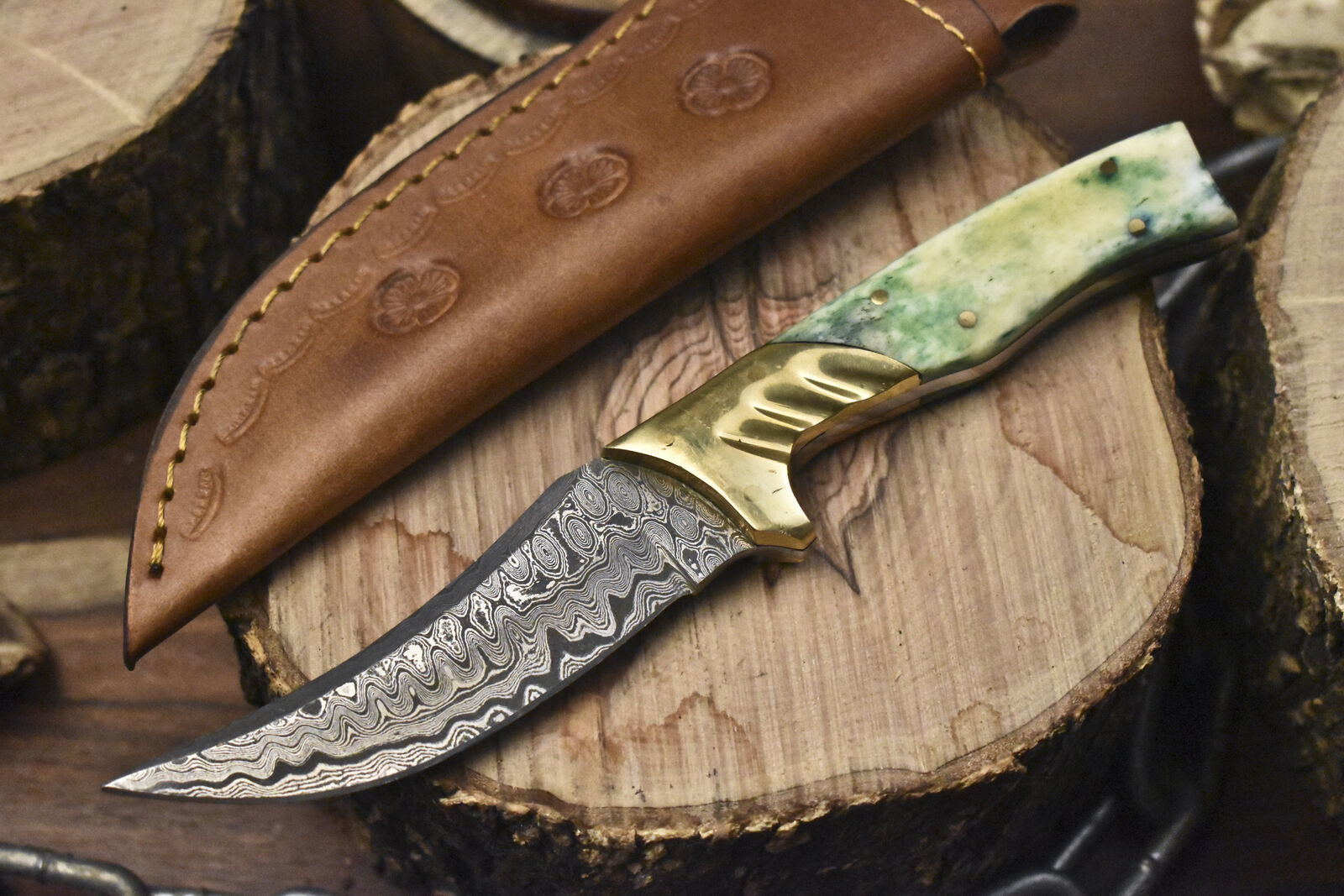 Rain Drop Damascus Skinner Knife with Bone Handle and Brass Guard