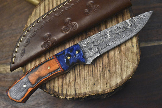 Rain Drop Damascus Skinner Knife with Hard Wood Handle for Hunting and Outdoor Use