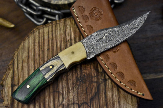 Rain Drop Damascus Skinner Knife with Hardwood Handle – 7" Handmade Tactical Hunting Blade