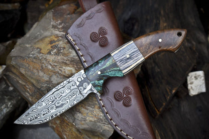Rain Drop Damascus Skinner Knife with Hardwood Handle EDC Hunting Blade