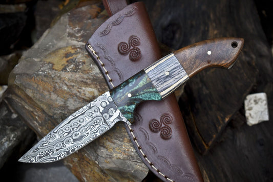 Rain Drop Damascus Skinner Knife with Hardwood Handle EDC Hunting Blade
