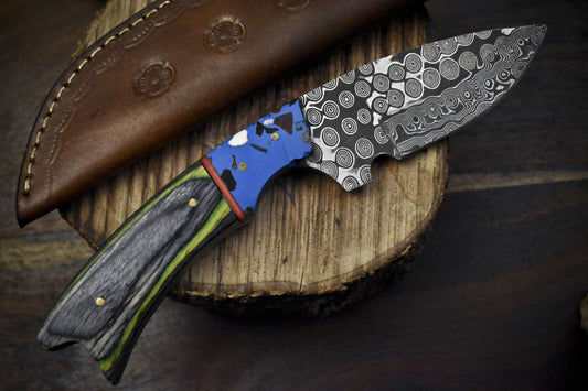 Rain Drop Damascus Skinner Knife with Hardwood Handle and Micarta Bolster EDC
