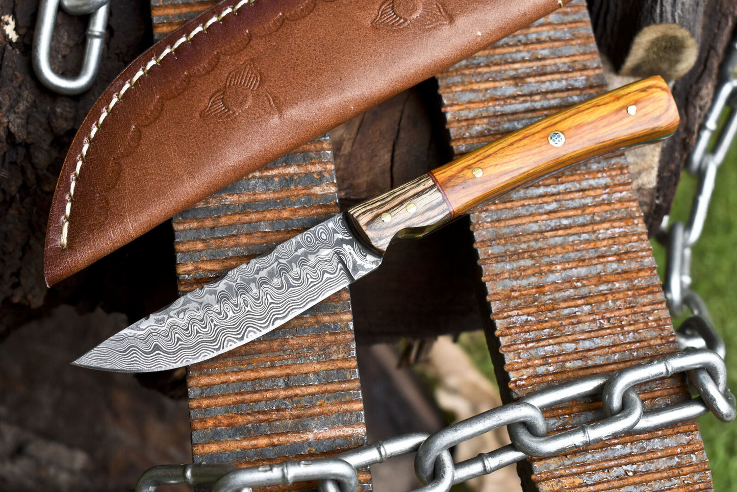 Rain Drop Damascus Skinner Knife with Hardwood Handle and Wooden Bolster – Tactical Hunting Blade