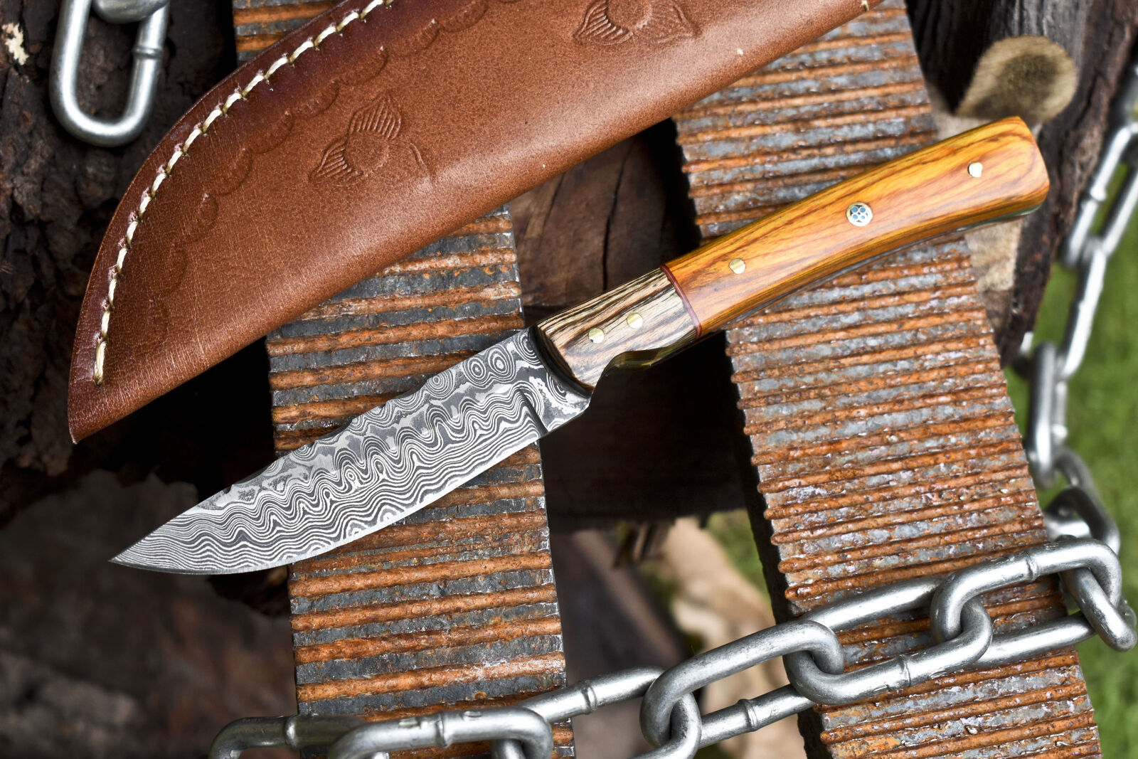 Rain Drop Damascus Skinner Knife with Hardwood Handle and Wooden Bolster – Tactical Hunting Blade