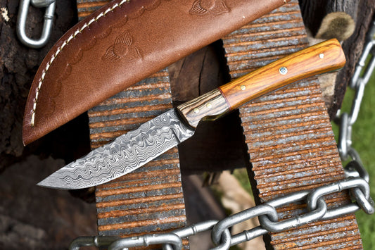 Rain Drop Damascus Skinner Knife with Hardwood Handle and Wooden Bolster – Tactical Hunting Blade