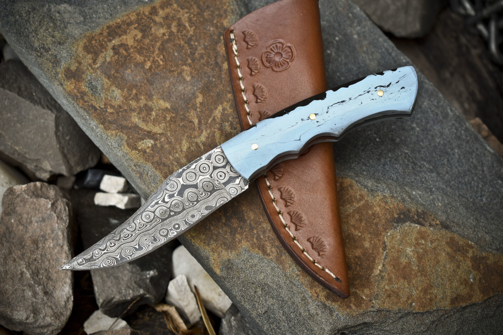 Rain Drop Damascus Skinner Knife with Micarta Handle – 7" Handmade Survival Hunting Blade