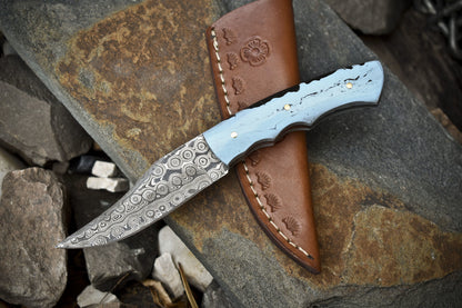 Rain Drop Damascus Skinner Knife with Micarta Handle – 7" Handmade Survival Hunting Blade