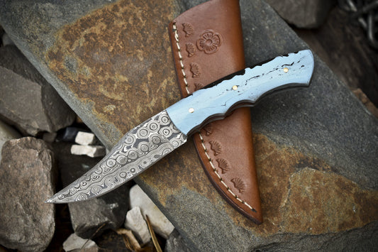 Rain Drop Damascus Skinner Knife with Micarta Handle – 7" Handmade Survival Hunting Blade