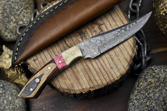 Rain Drop Damascus Skinner Knife with Mixed Handle for Hunting and Camping