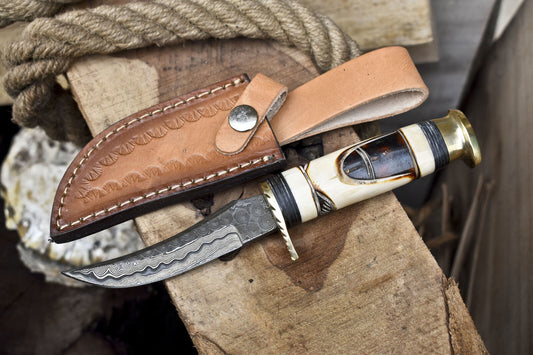 Rain Drop Damascus Skinner Knife with Polished Camel Bone Handle and Brass Guard – Handmade Tactical Blade