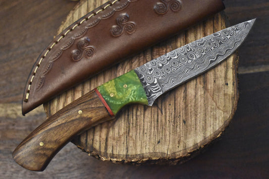 Rain Drop Damascus Skinner Knife with Walnut Wood Handle – Handmade 8" Hunting Knife