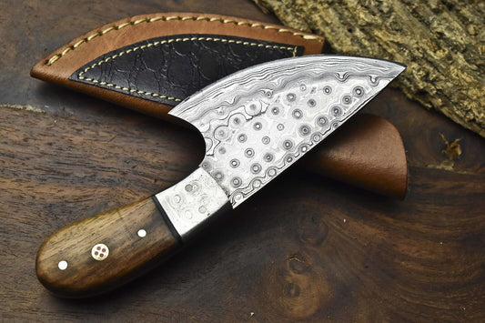 Rain Drop Damascus Skinner Knife with Walnut Wood Handle and Damascus Bolster – Handmade Tactical Blade